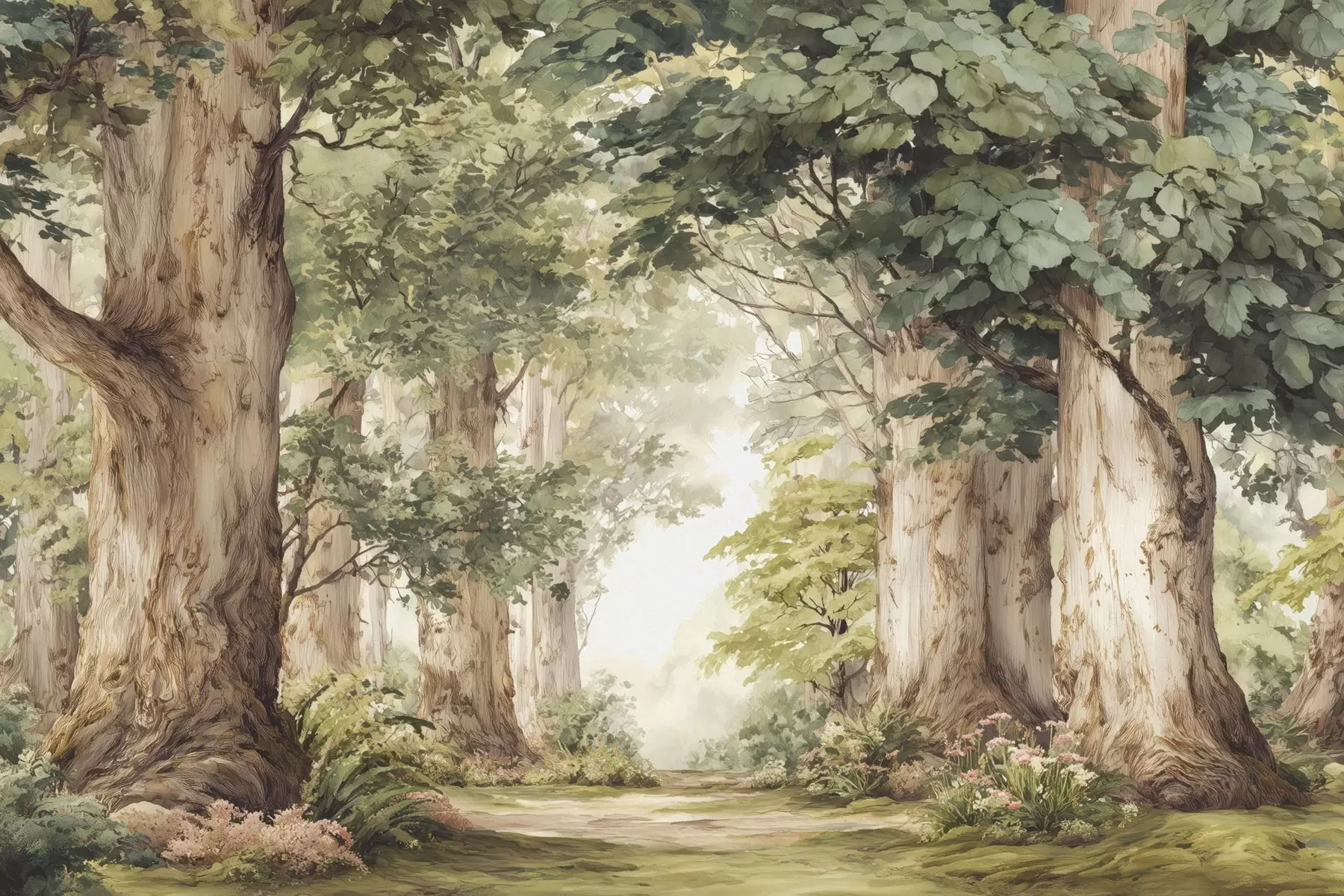 murales de pared Sendero forestal entre majestuosos árboles en estilo acuarela w09404