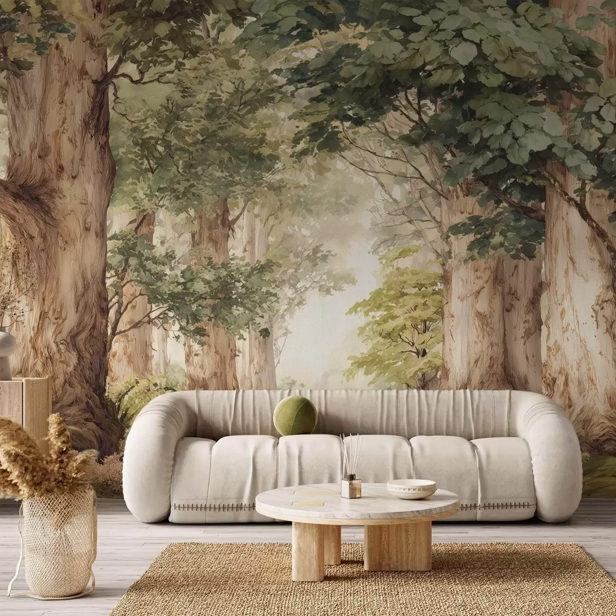 murales de pared Sendero forestal entre majestuosos árboles en estilo acuarela w09404