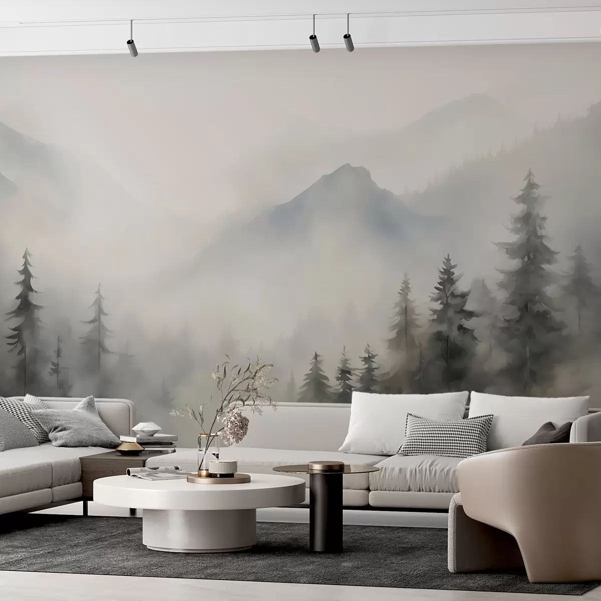 murales de pared Bosque en la niebla con las montañas como telón de fondo w04493