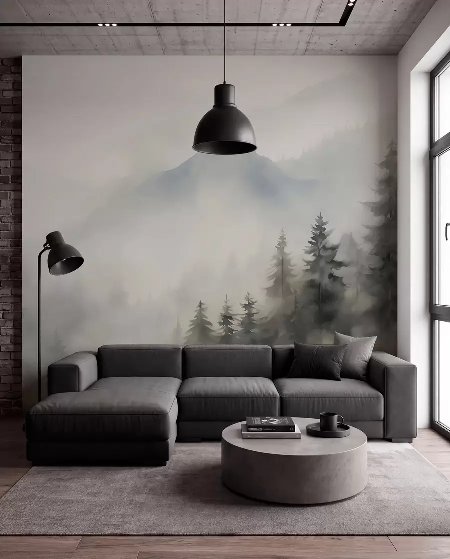 murales de pared Bosque en la niebla con las montañas como telón de fondo w04493