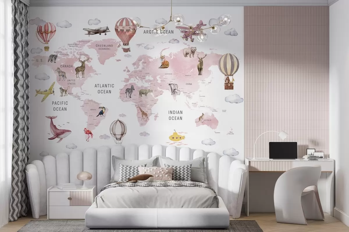 murales de pared Mapa mundial infantil con animales w04636v3