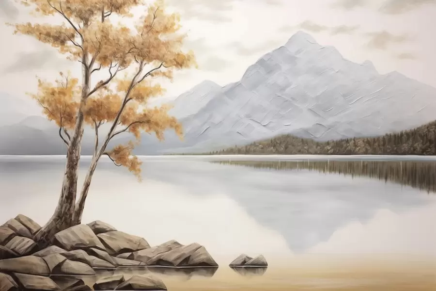 murales de pared Árbol otoñal junto a un lago de montaña, tranquilos tonos pastel w04611
