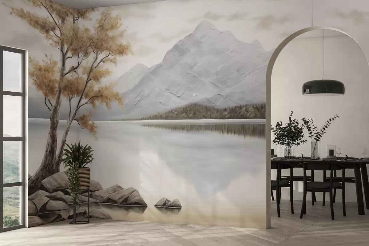 murales de pared Árbol otoñal junto a un lago de montaña, tranquilos tonos pastel w04611