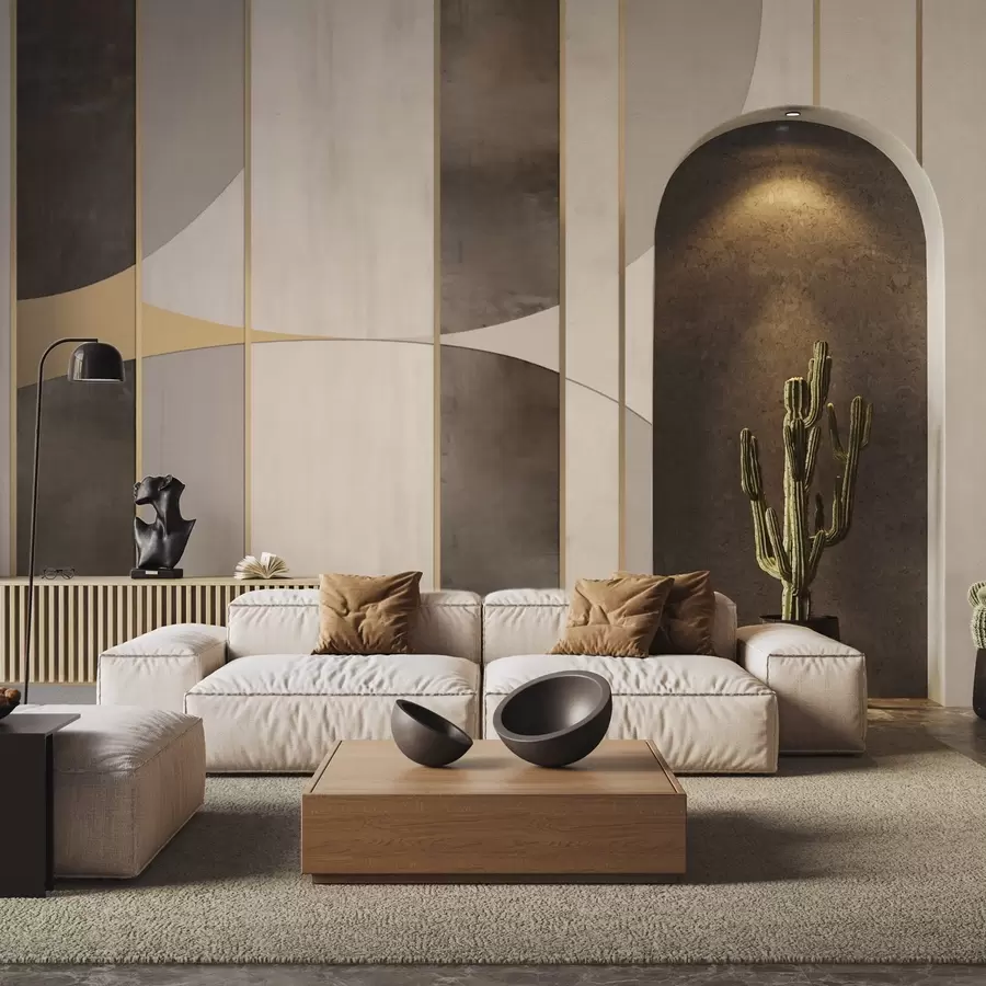 murales de pared Paneles geométricos con arcos y detalles en color champán w04616