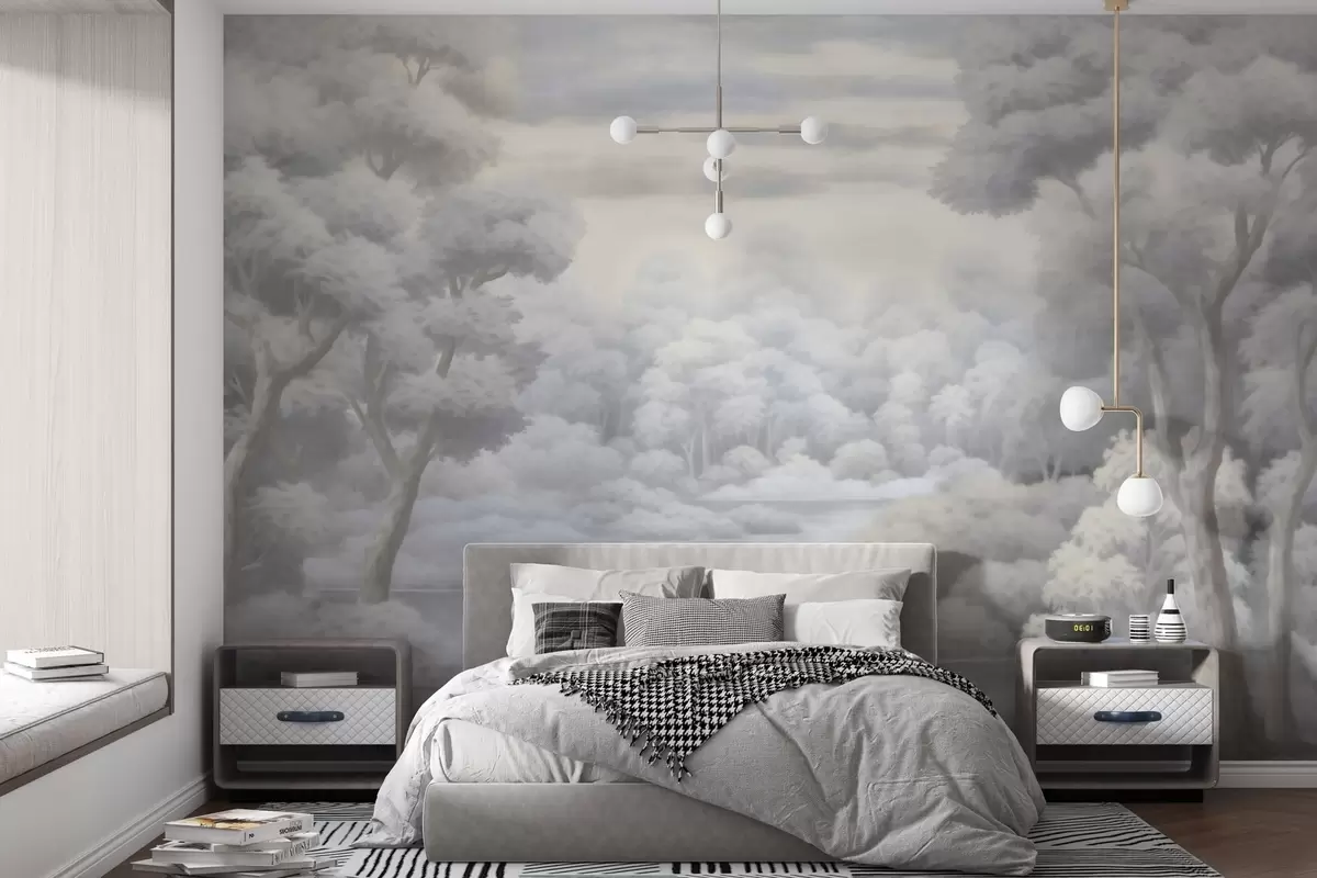 murales de pared Bosque brumoso y lago en suaves tonos grises w04617