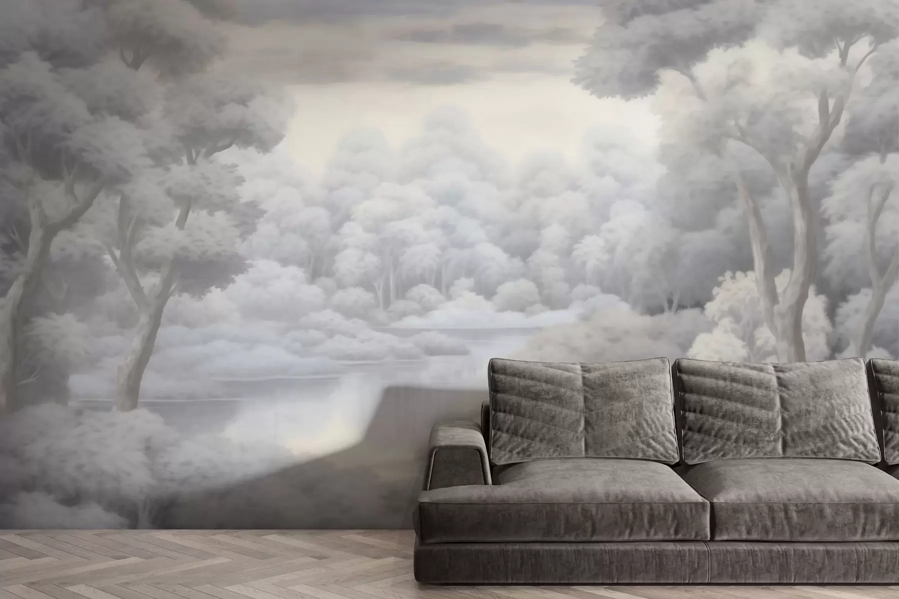 murales de pared Bosque brumoso y lago en suaves tonos grises w04617