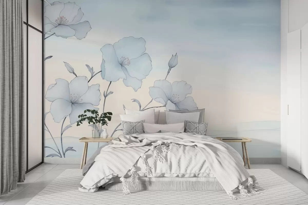 murales de pared Delicadas flores azules contra un cielo despejado w04620