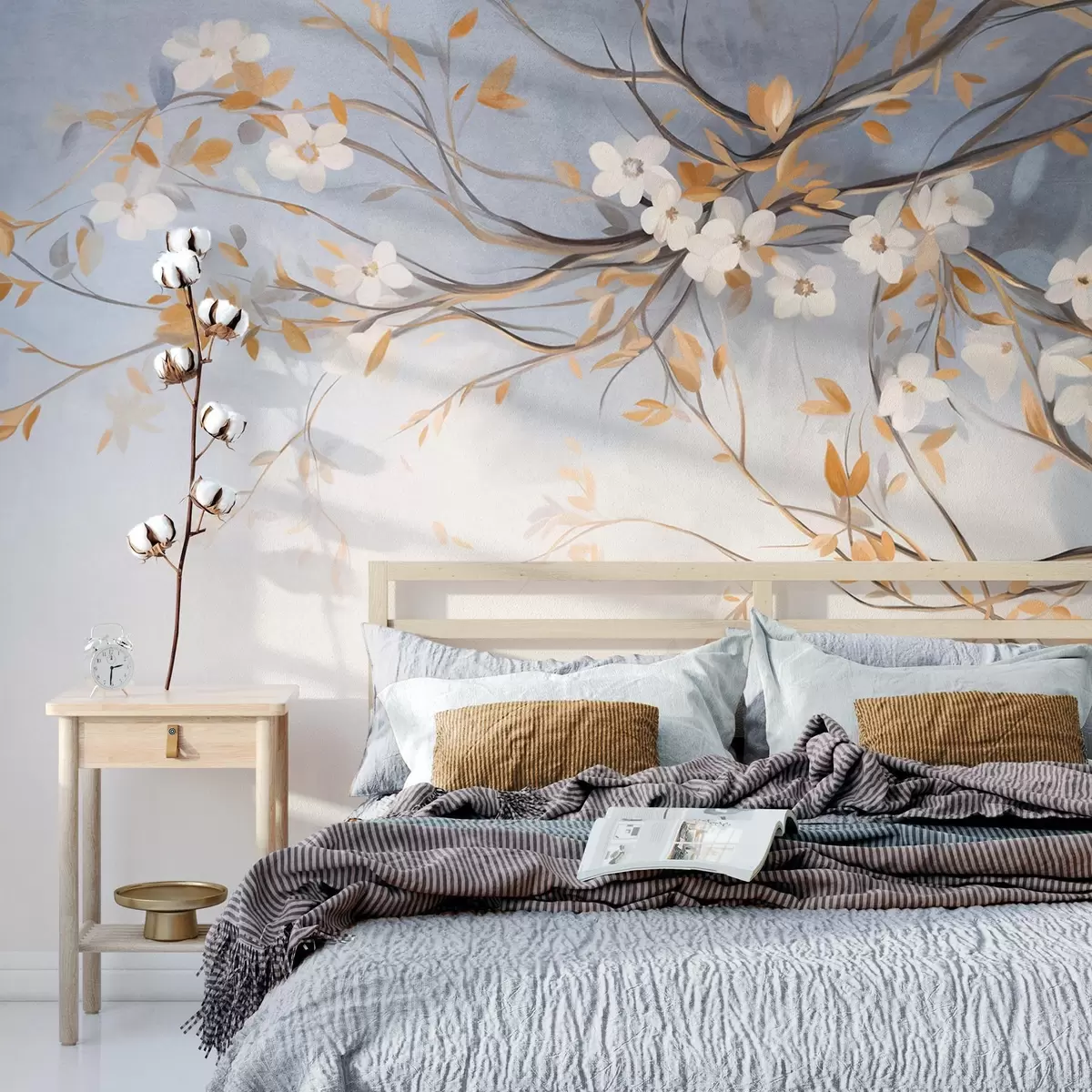murales de pared Flores blancas con hojas naranjas en una rama de árbol, fondo azul claro con textura, delicadas pinceladas w09415