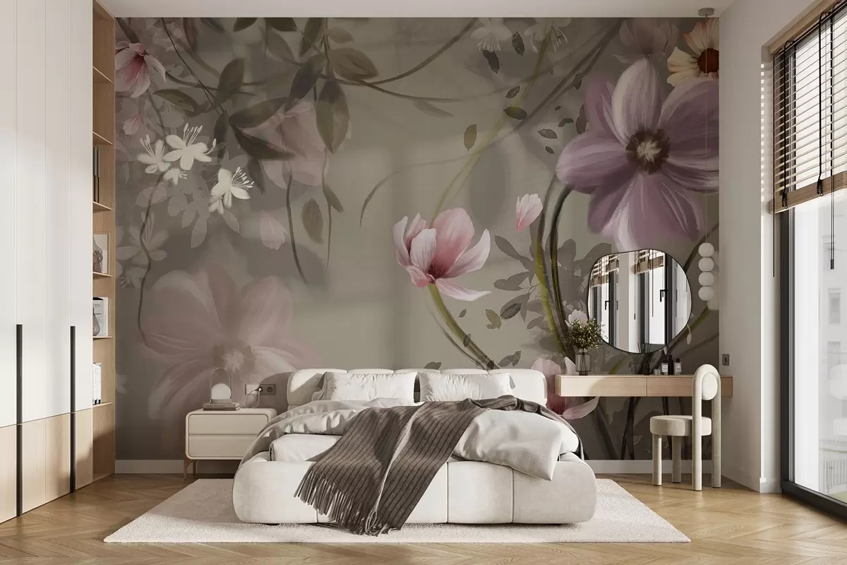murales de pared Flores rosas y blancas con tallos y hojas marrones, iluminación suave, colores apagados, arreglo floral w09417