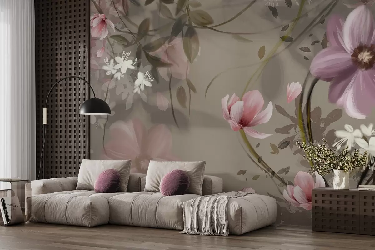 murales de pared Flores rosas y blancas con tallos y hojas marrones, iluminación suave, colores apagados, arreglo floral w09417