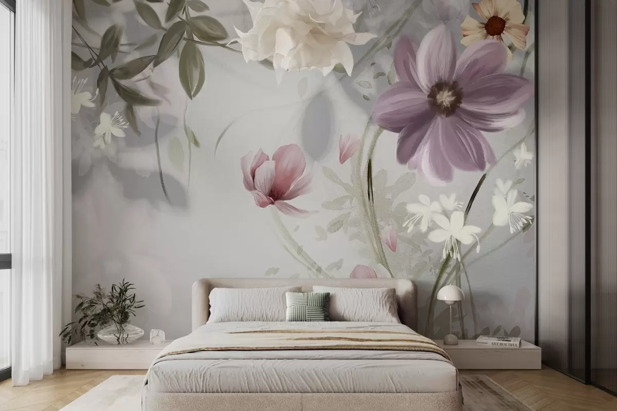 murales de pared Flores rosas y blancas con tallos y hojas verdes, iluminación suave, colores apagados, arreglo floral w09417v1