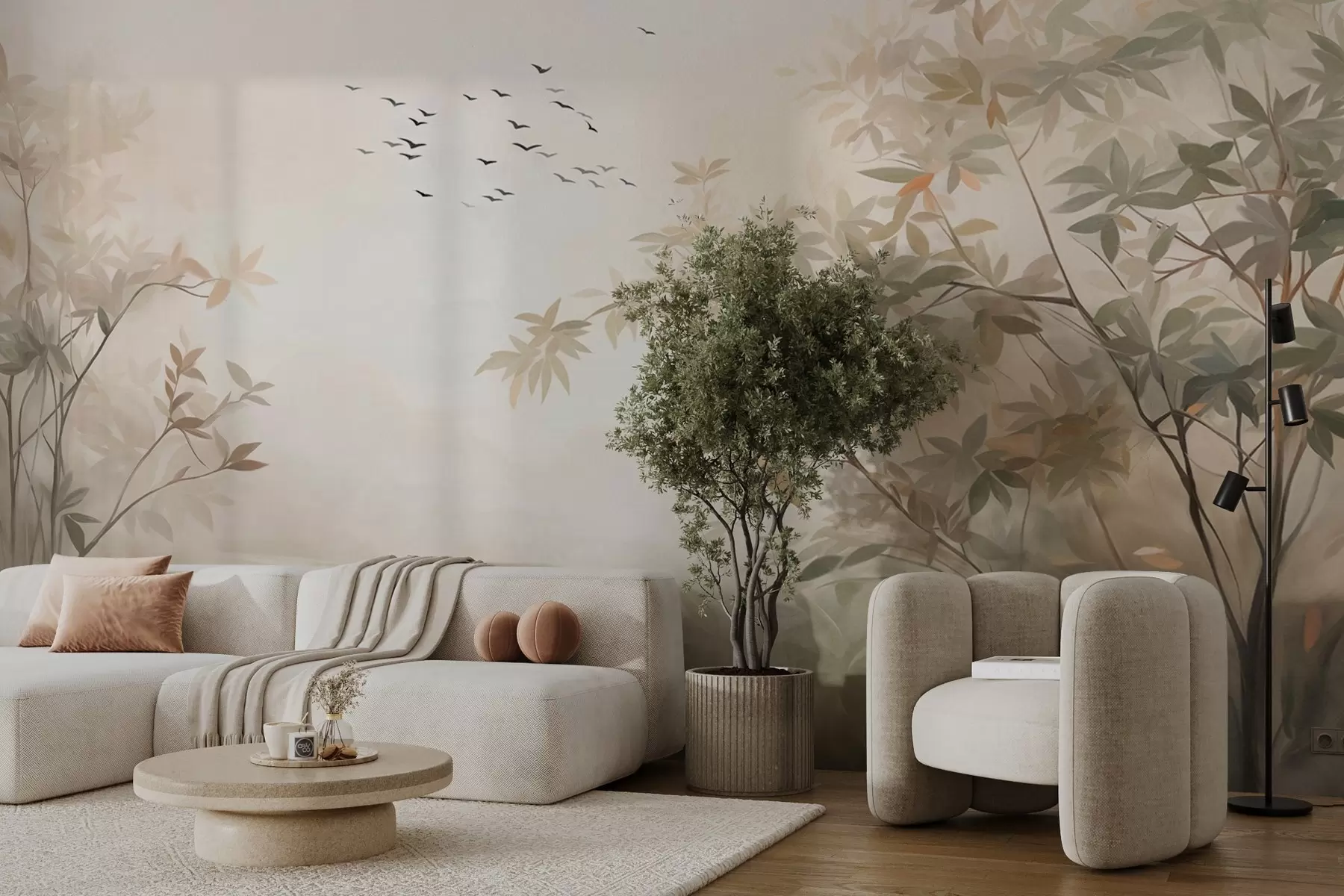 murales de pared Paisaje texturizado con árboles y una bandada de pájaros volando en el cielo, colores pastel, escena natural w09418