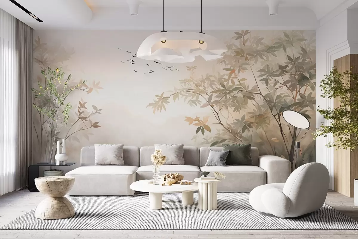 murales de pared Paisaje texturizado con árboles y una bandada de pájaros volando en el cielo, colores pastel, escena natural w09418