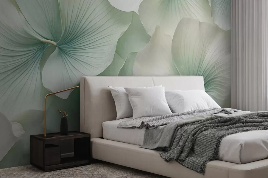murales de pared Hojas de ginkgo blancas y verdes, textura suave, fondo floral abstracto, estilo minimalista moderno w09421