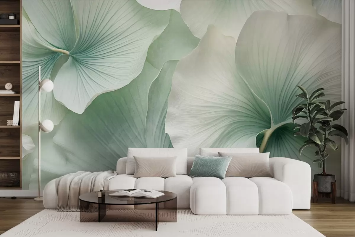murales de pared Hojas de ginkgo blancas y verdes, textura suave, fondo floral abstracto, estilo minimalista moderno w09421