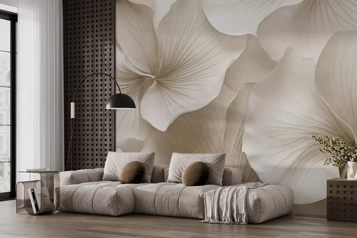 murales de pared Hojas de ginkgo blancas y beige, textura suave, fondo floral abstracto, estilo minimalista moderno w09421v1