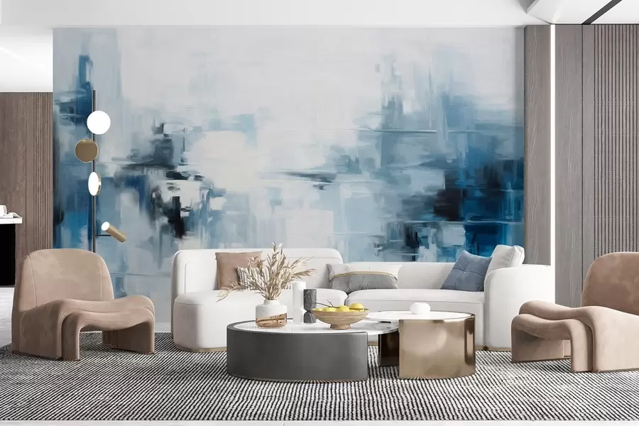murales de pared Imitación de pintura abstracta de paisaje con textura y pinceladas azules y blancas, estilo moderno w09422