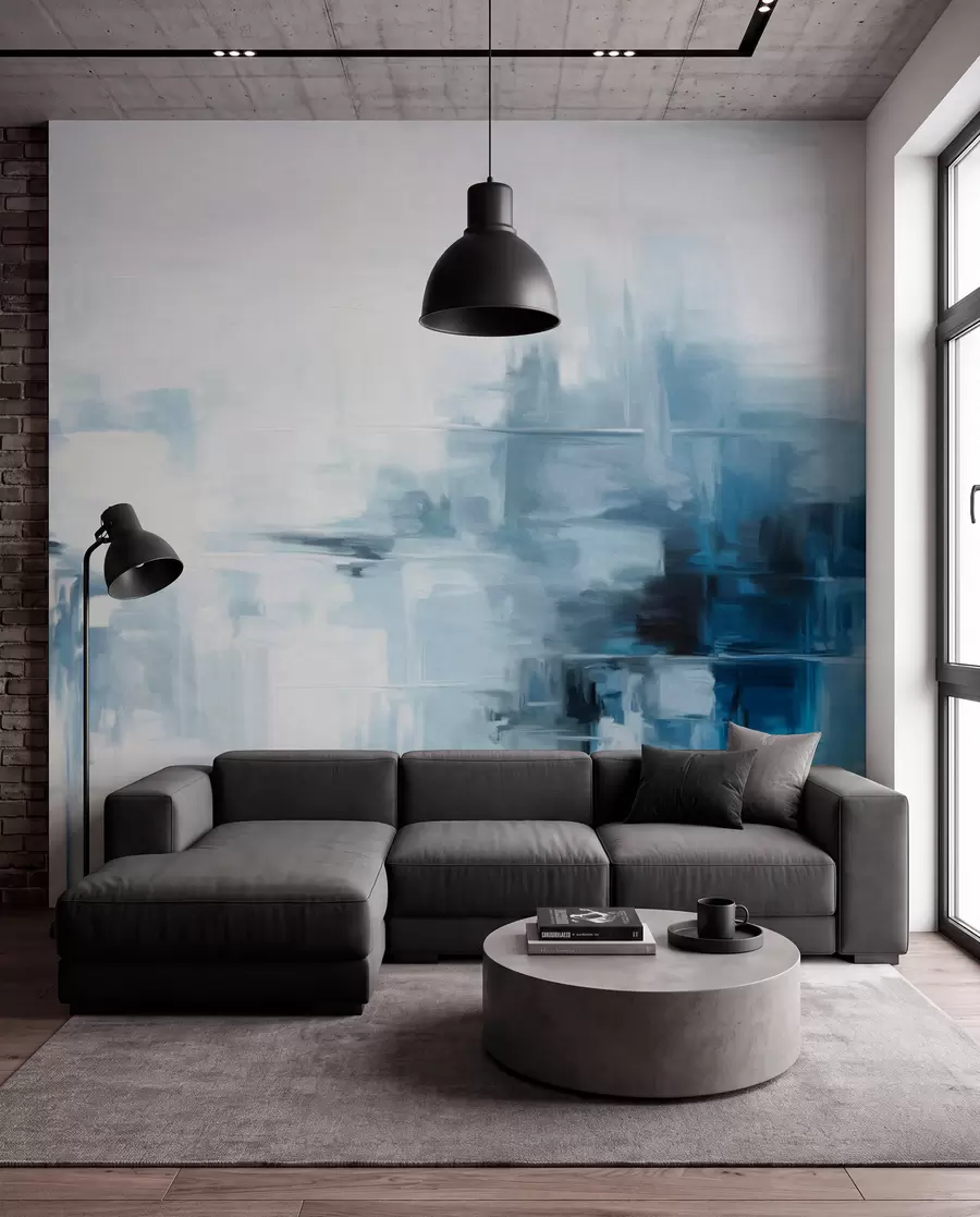 murales de pared Imitación de pintura abstracta de paisaje con textura y pinceladas azules y blancas, estilo moderno w09422