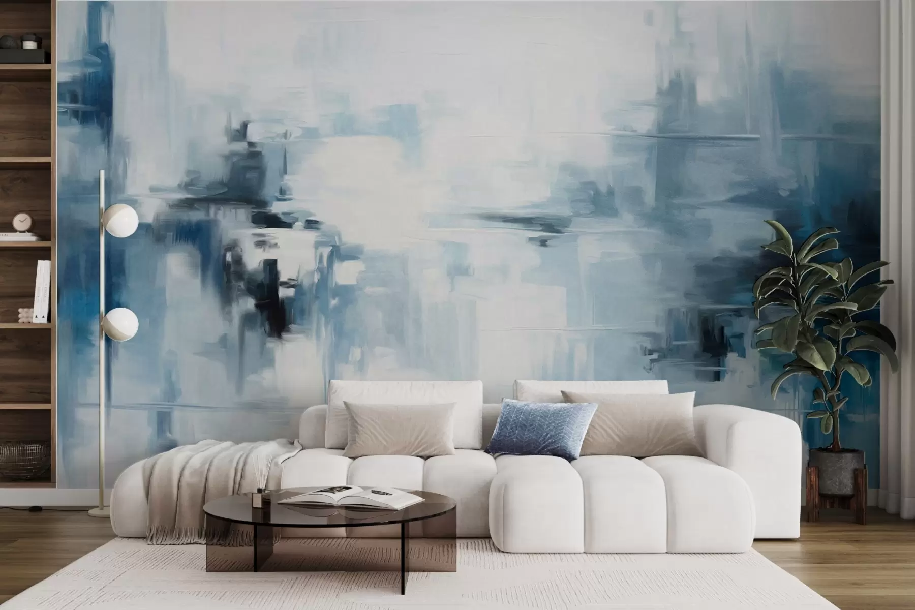 murales de pared Imitación de pintura abstracta de paisaje con textura y pinceladas azules y blancas, estilo moderno w09422