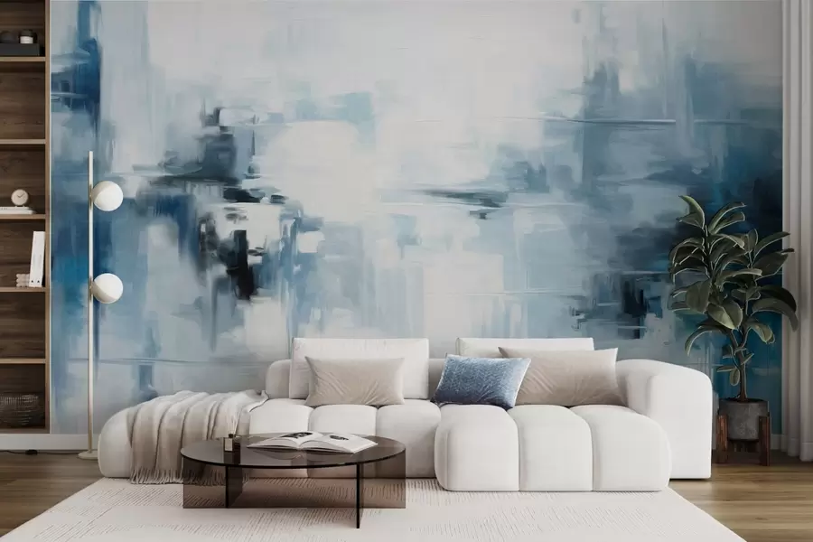 murales de pared Imitación de pintura abstracta de paisaje con textura y pinceladas azules y blancas, estilo moderno w09422