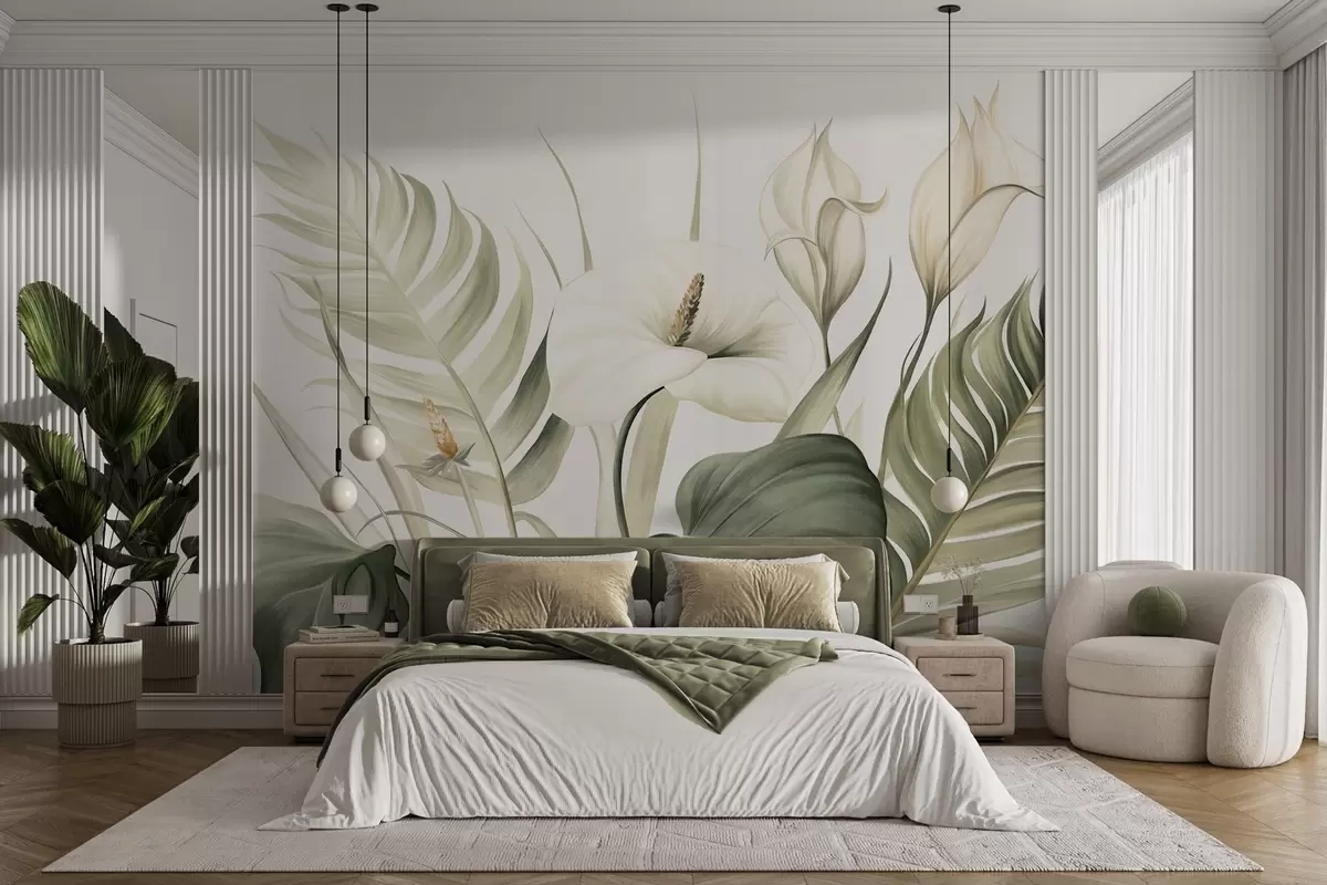 murales de pared Calas blancas y hojas tropicales verdes, ilustración botánica, fondo claro, estilo vintage, texturizado w09423