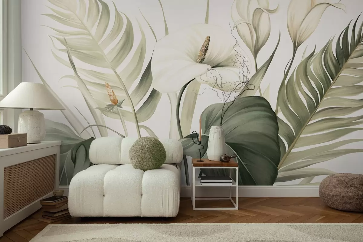 murales de pared Calas blancas y hojas tropicales verdes, ilustración botánica, fondo claro, estilo vintage, texturizado w09423