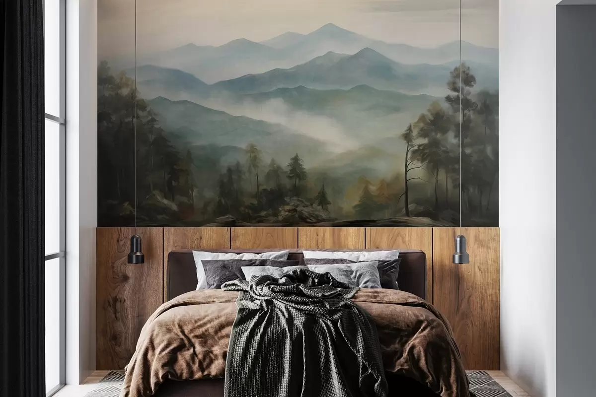 murales de pared Cordillera brumosa con árboles, niebla, cielo nublado, colores apagados, estilo de pintura paisajística w09424