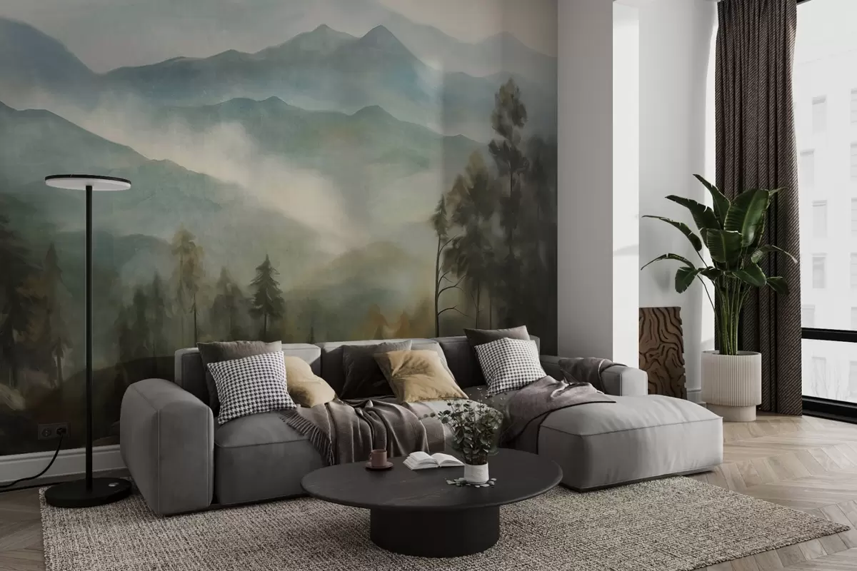 murales de pared Cordillera brumosa con árboles, niebla, cielo nublado, colores apagados, estilo de pintura paisajística w09424