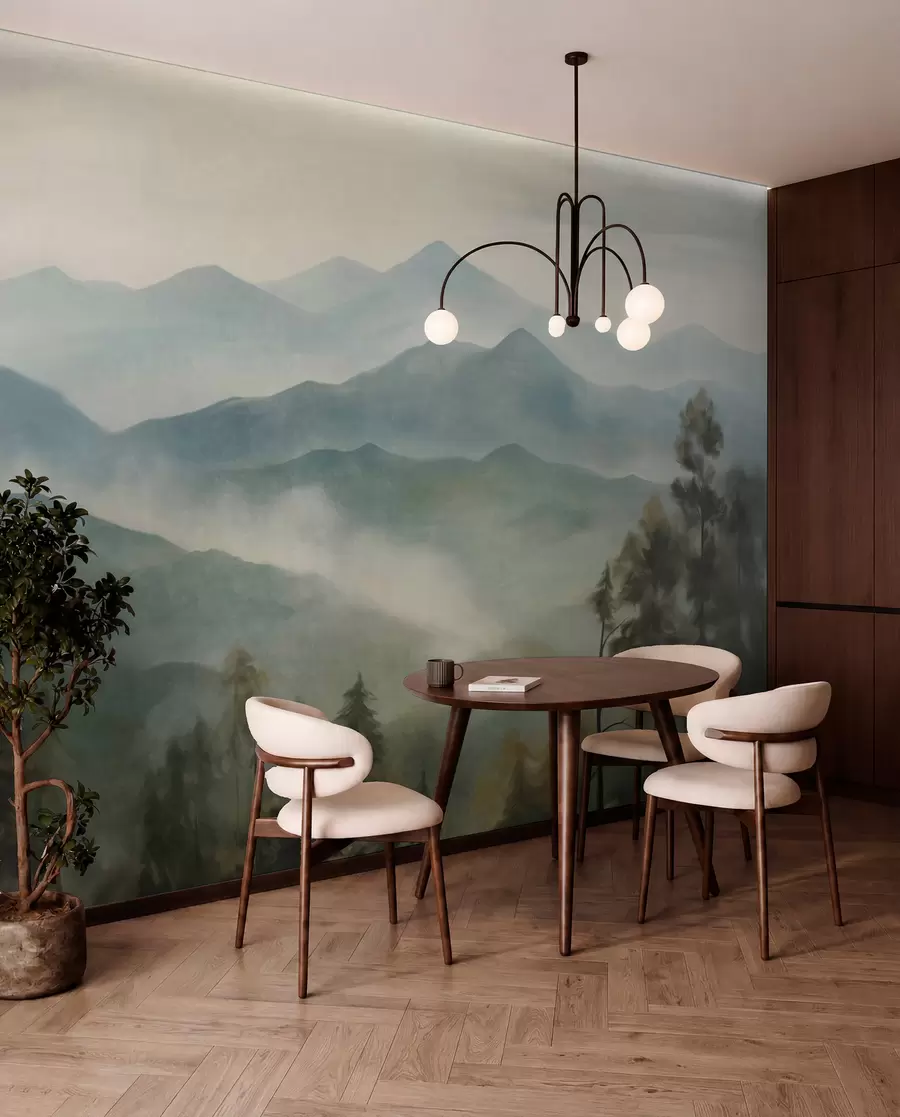 murales de pared Cordillera brumosa con árboles, niebla, cielo nublado, colores apagados, estilo de pintura paisajística w09424