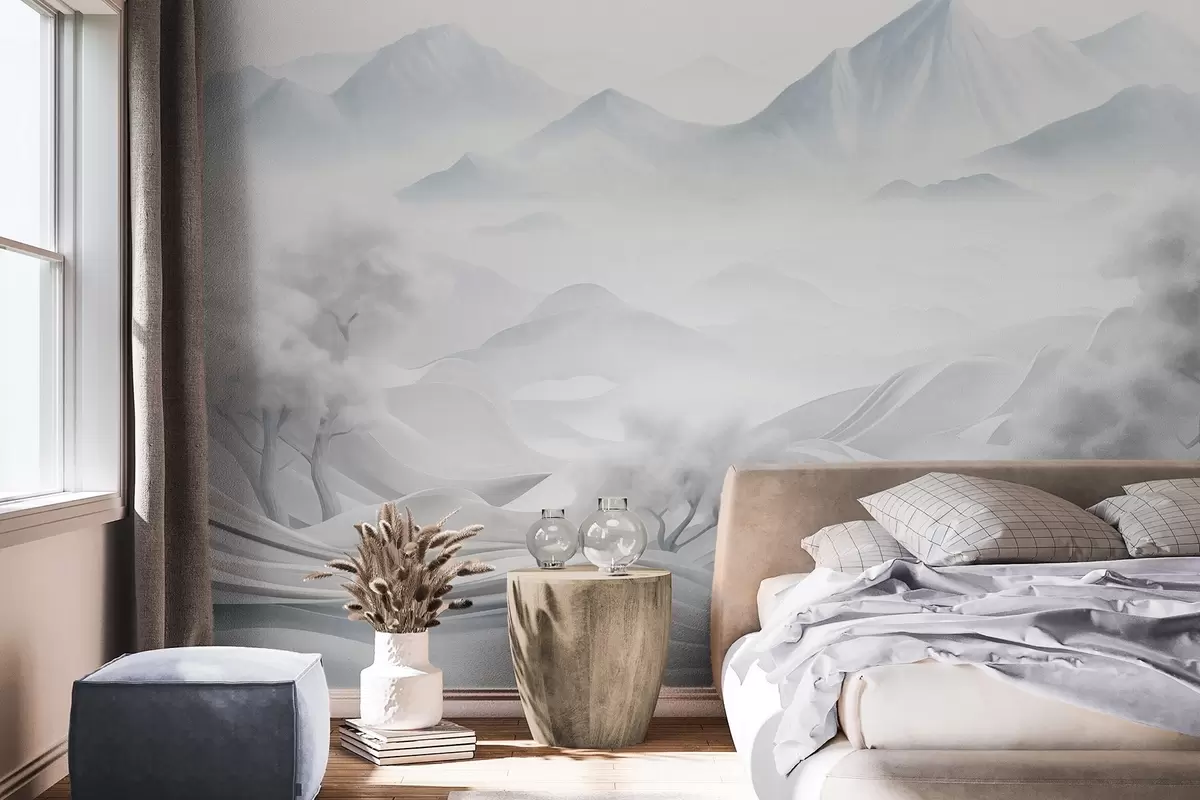 murales de pared Paisaje montañoso abstracto nevado con árboles blancos y niebla, estilo minimalista con textura w09426