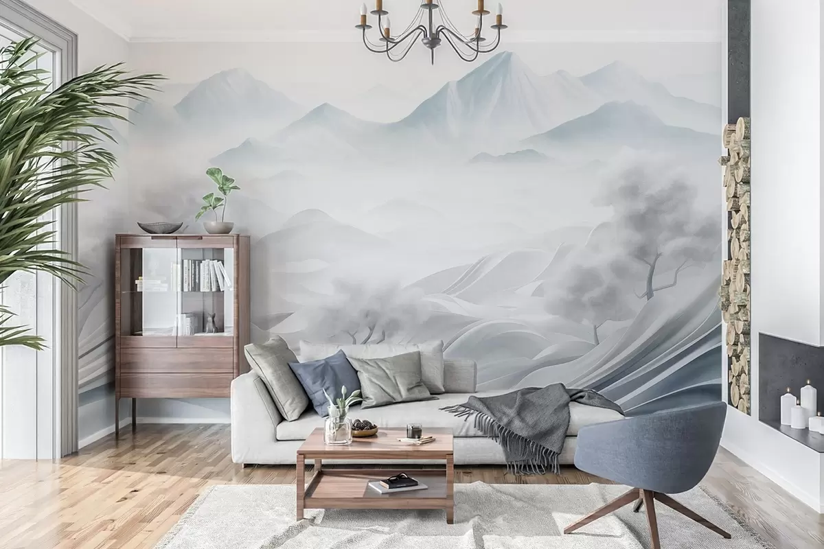 murales de pared Paisaje montañoso abstracto nevado con árboles blancos y niebla, estilo minimalista con textura w09426