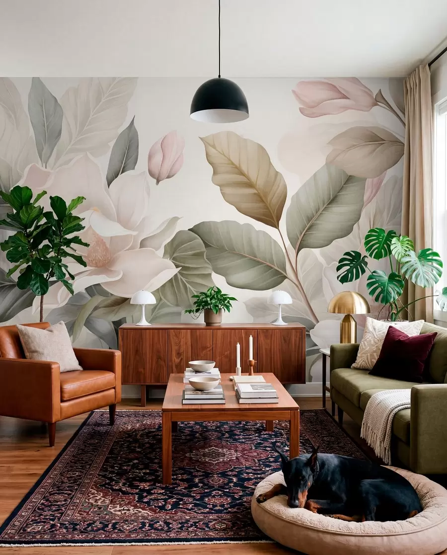 murales de pared Flores de magnolia con hojas en colores pastel, blanco, rosa y verde, suaves, delicadas, estilo acuarela w09427