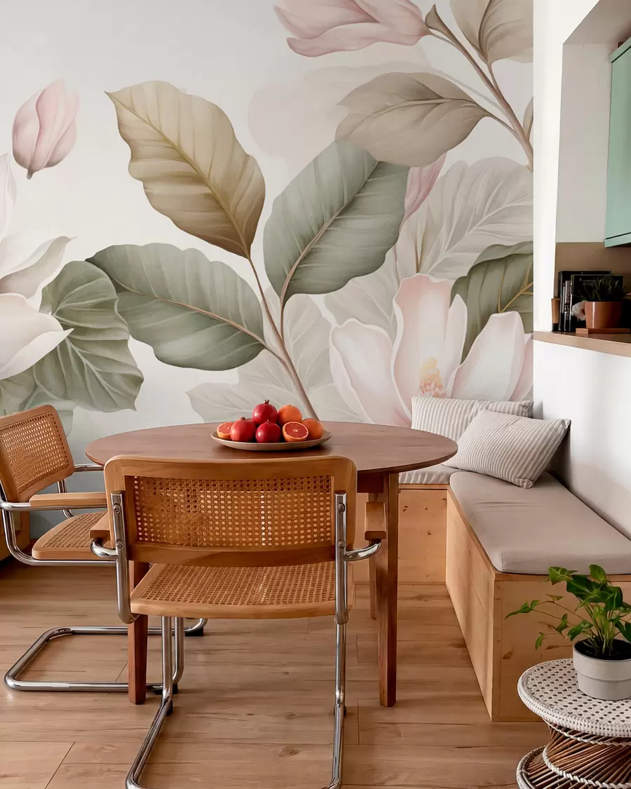 murales de pared Flores de magnolia con hojas en colores pastel, blanco, rosa y verde, suaves, delicadas, estilo acuarela w09427