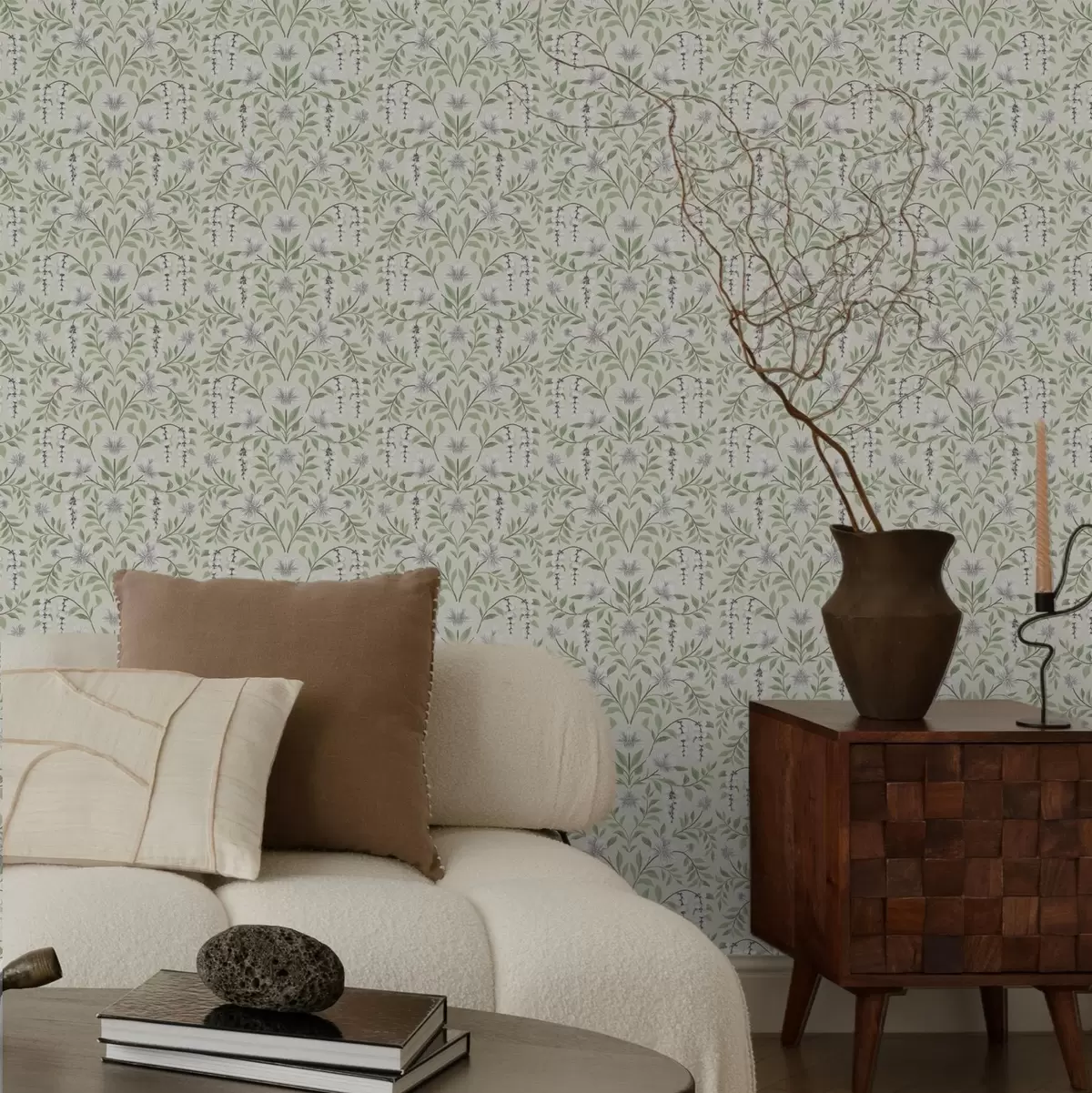 Papel pintado Adorno ligero en forma de vid con flores blancas, simétrico a00609