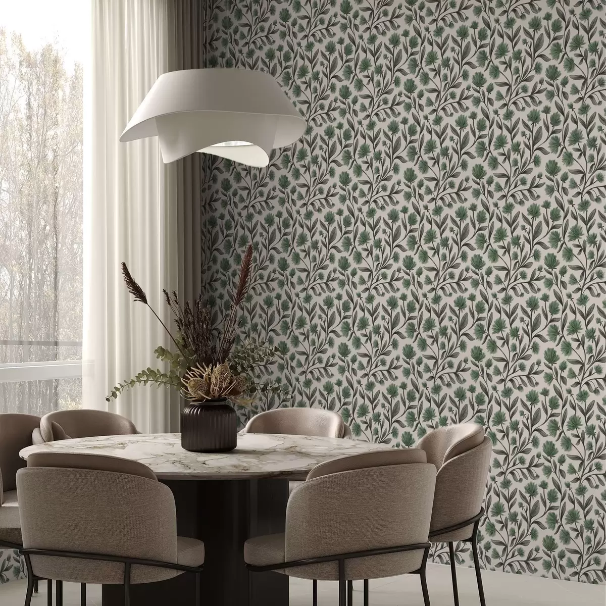 Papel pintado Flores silvestres en una paleta verde sobre fondo crema a00623v3
