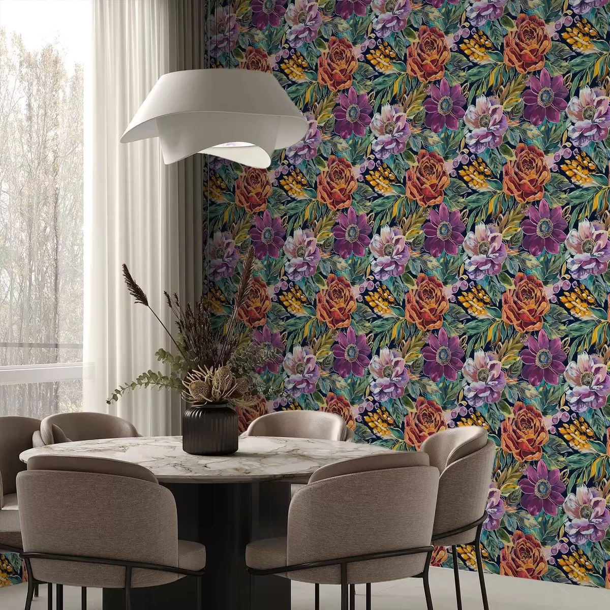 Papel pintado Flores grandes y llamativas pintadas con pincel sobre un fondo azul oscuro a00643