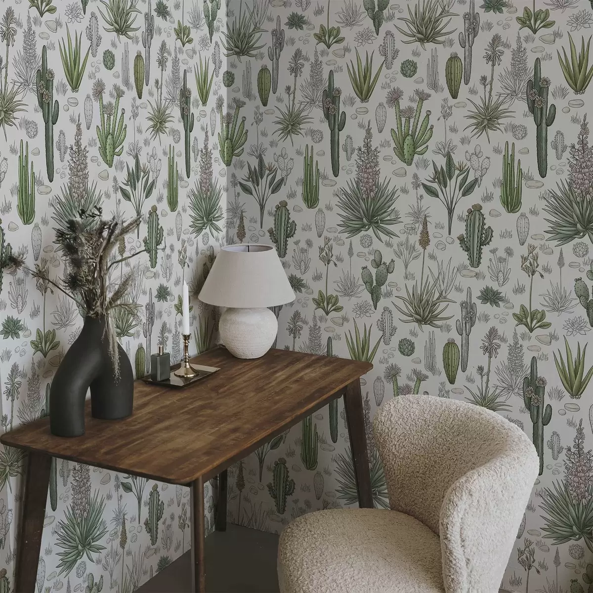 Papel pintado Cactus y suculentas sobre fondo claro, estilo lineal a00666v1