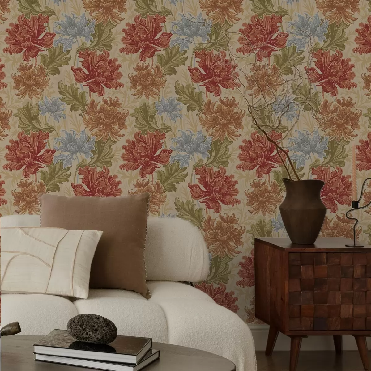 Papel pintado Grandes crisantemos en tonos cálidos sobre fondo beige a00743