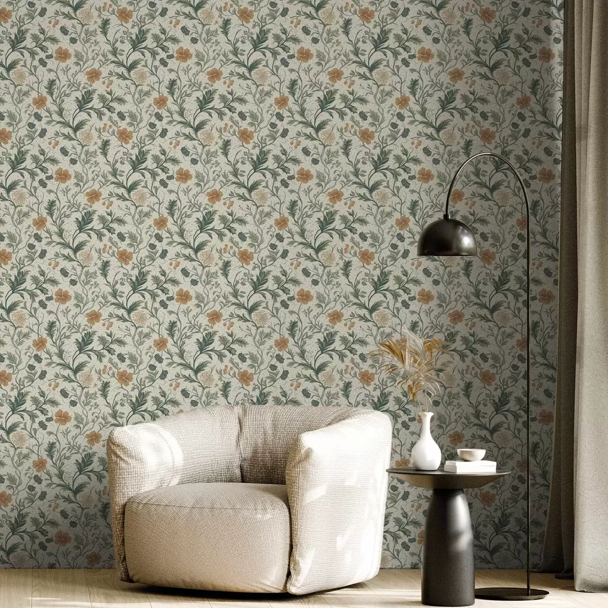 Papel pintado Ramitas delgadas con flores y bayas sobre un fondo granulado a00744