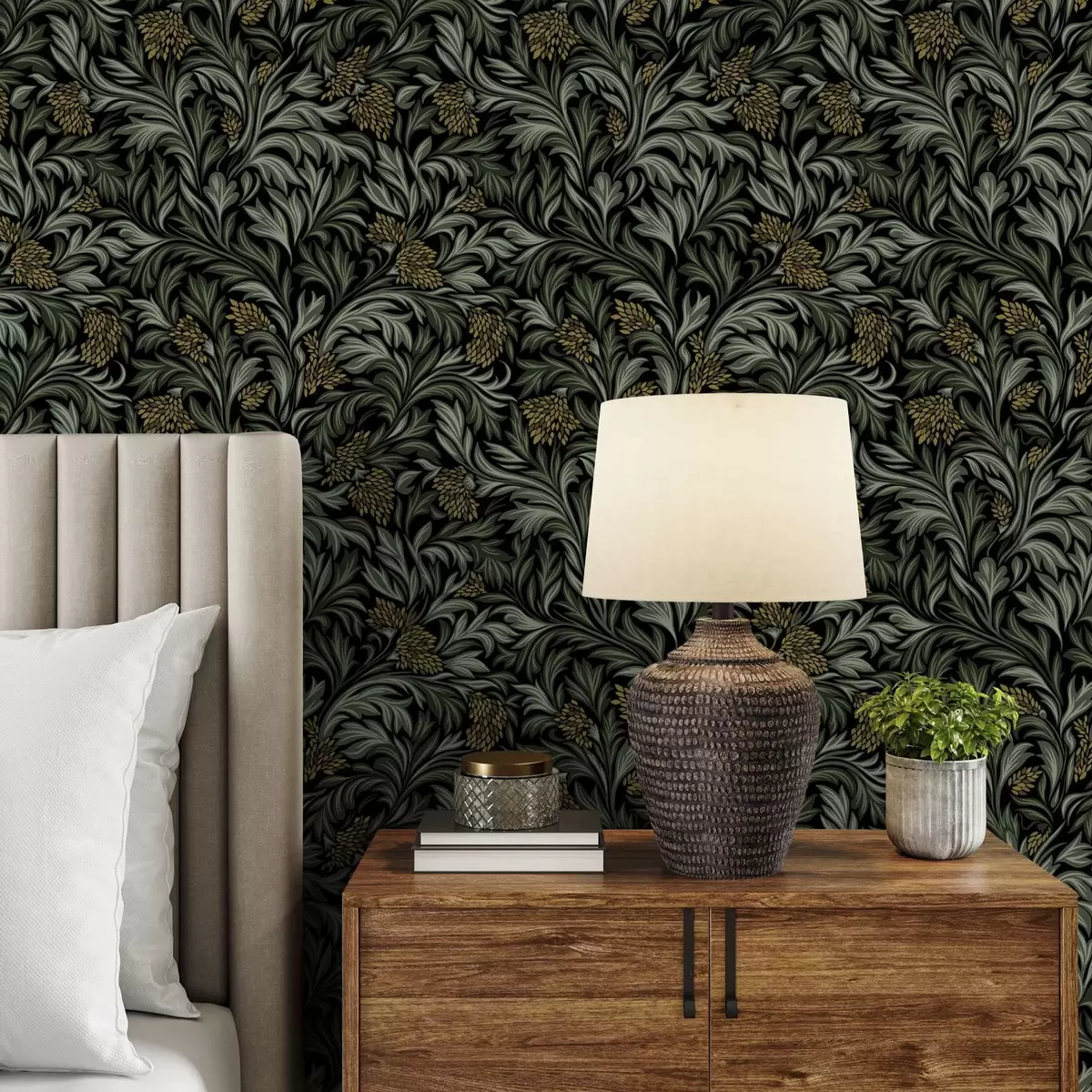 Papel pintado Hojas de acanto oscuras con conos dorados sobre fondo negro a00745