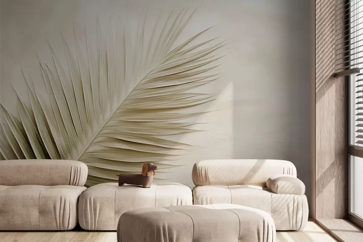 murales de pared Hoja de palmera beige sobre fondo de textura suave w04618