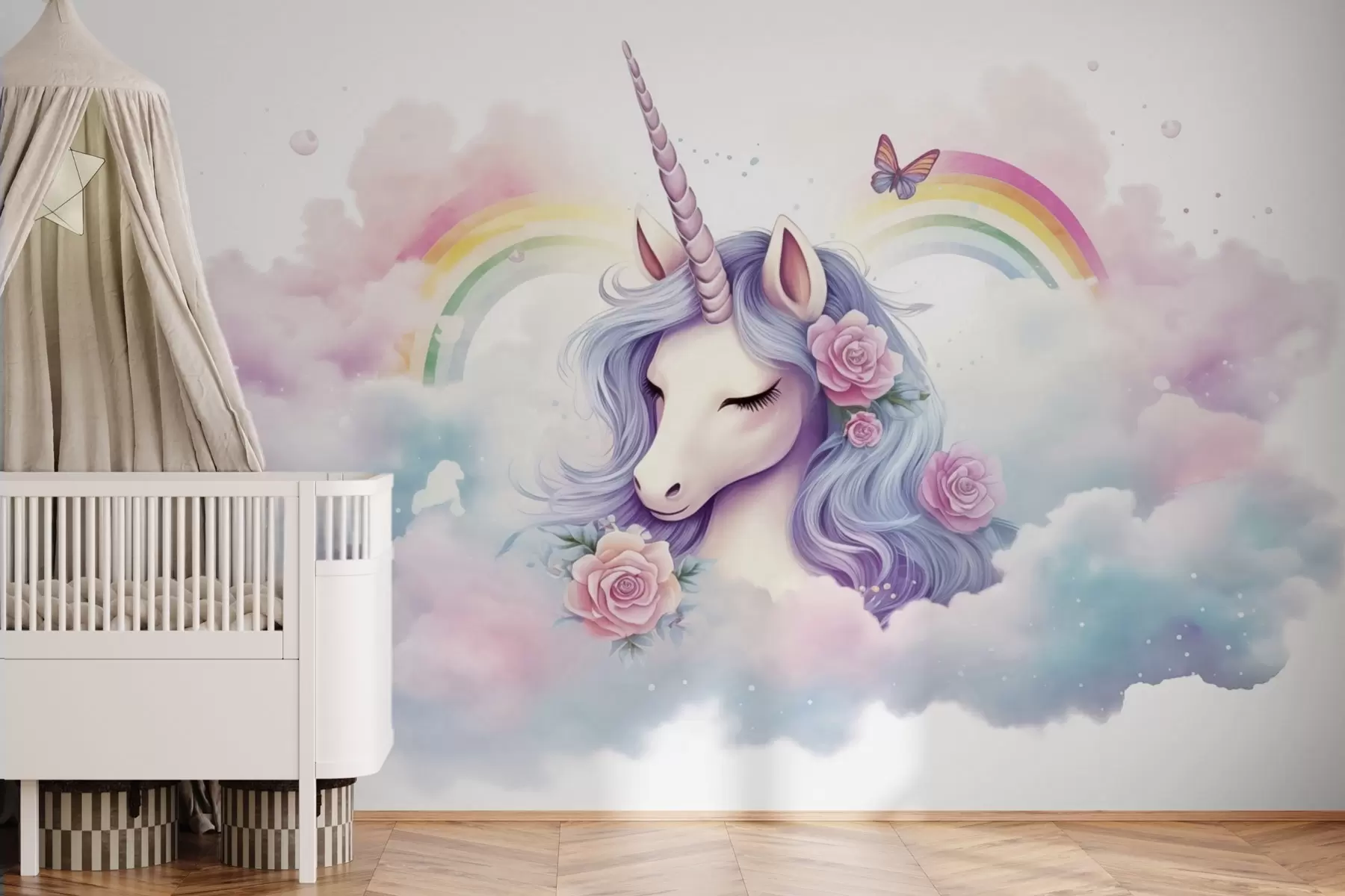 murales de pared Unicornio pastel entre las nubes con arcoíris y rosas w03990
