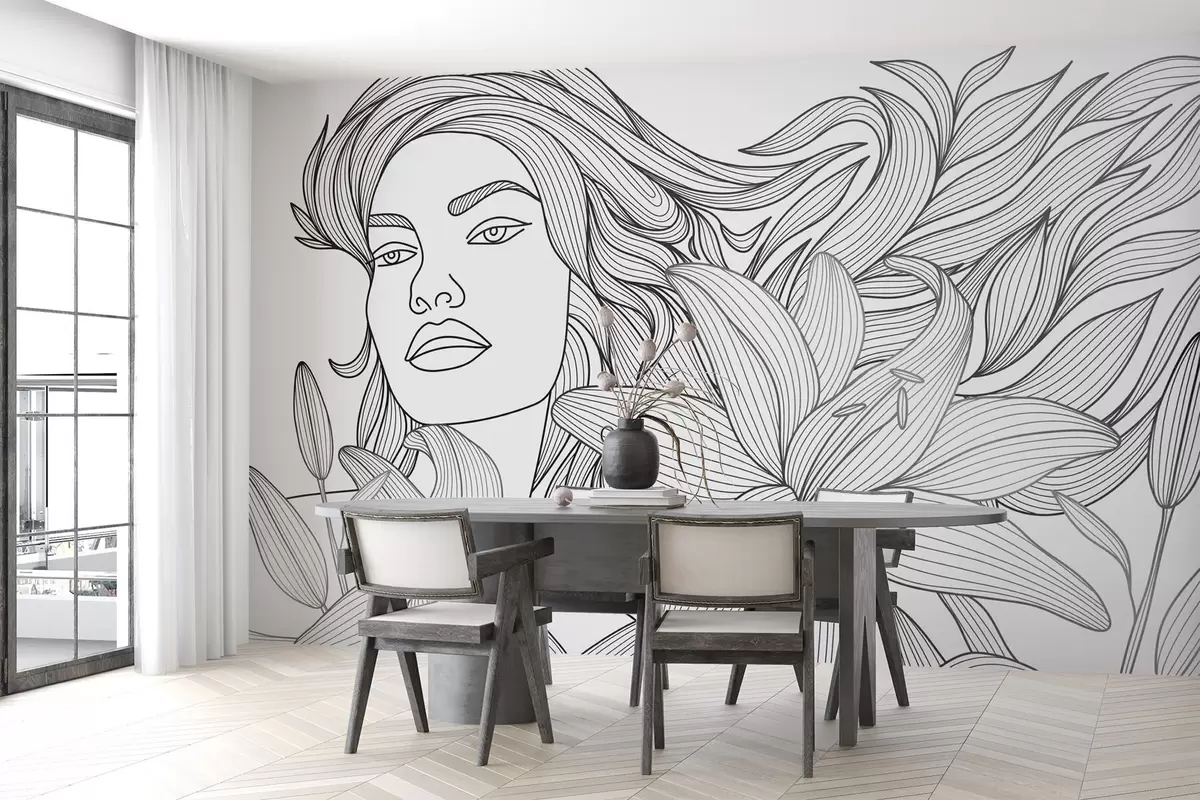 murales de pared Retrato de una niña entre flores de lirio w04689