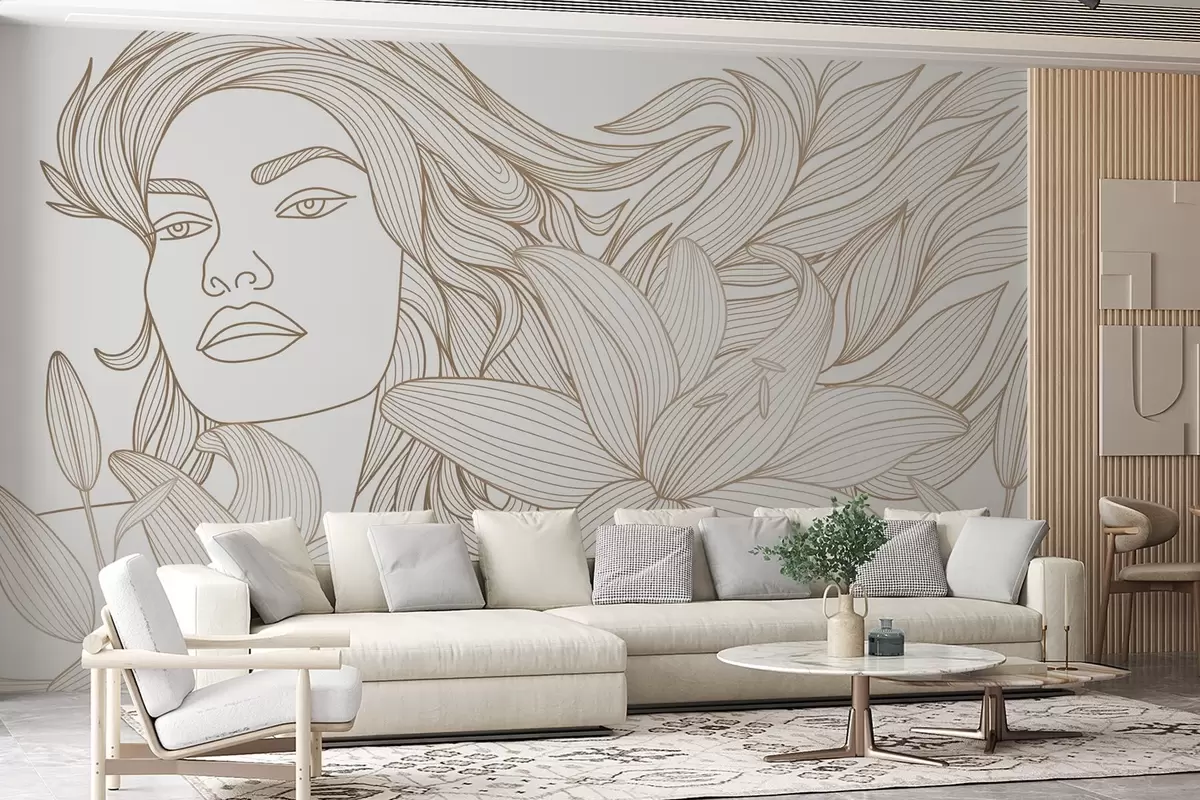 murales de pared Retrato de una niña entre lirios en tonos beige w04689v1
