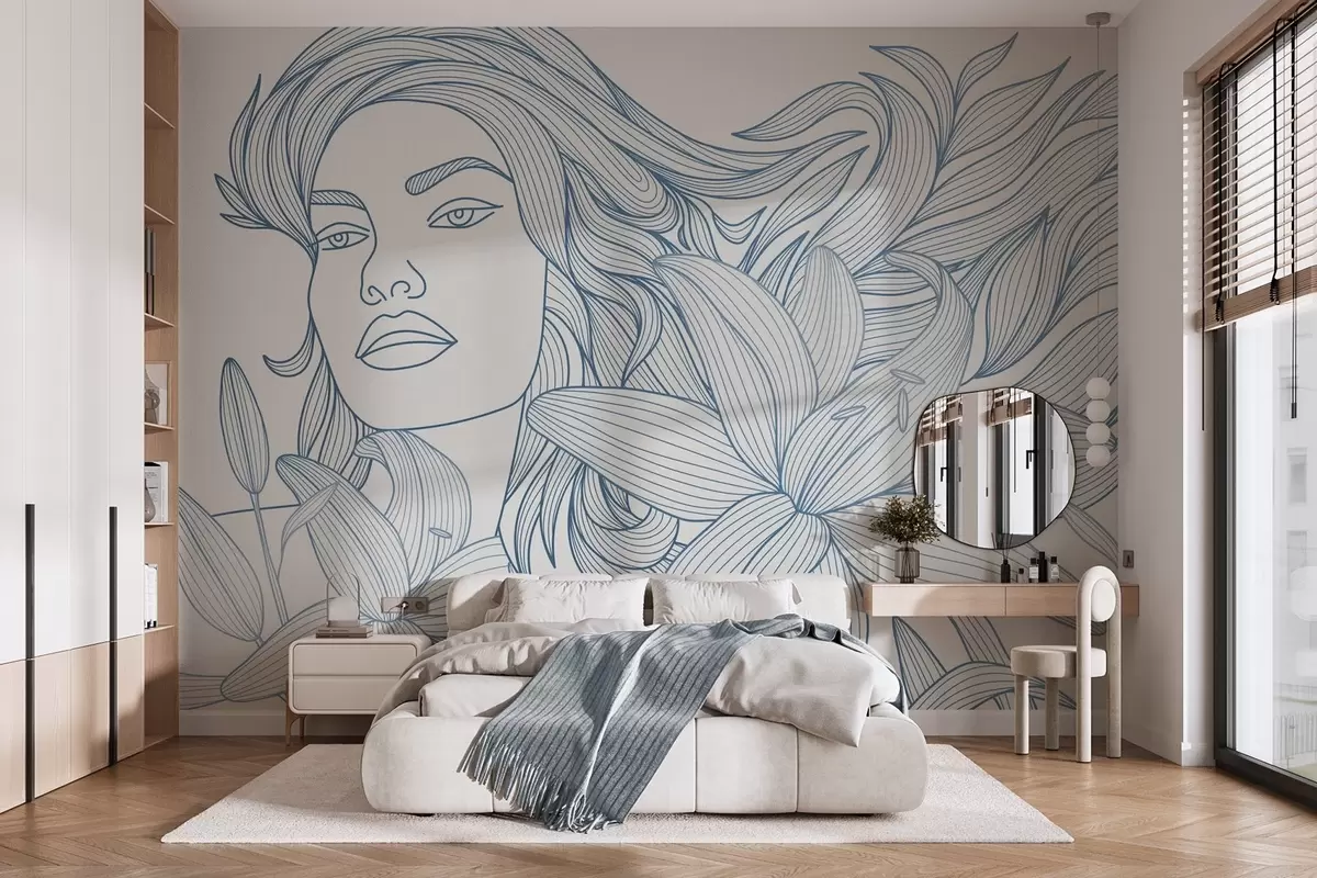murales de pared Retrato de una niña entre lirios en tonos azules w04689v2