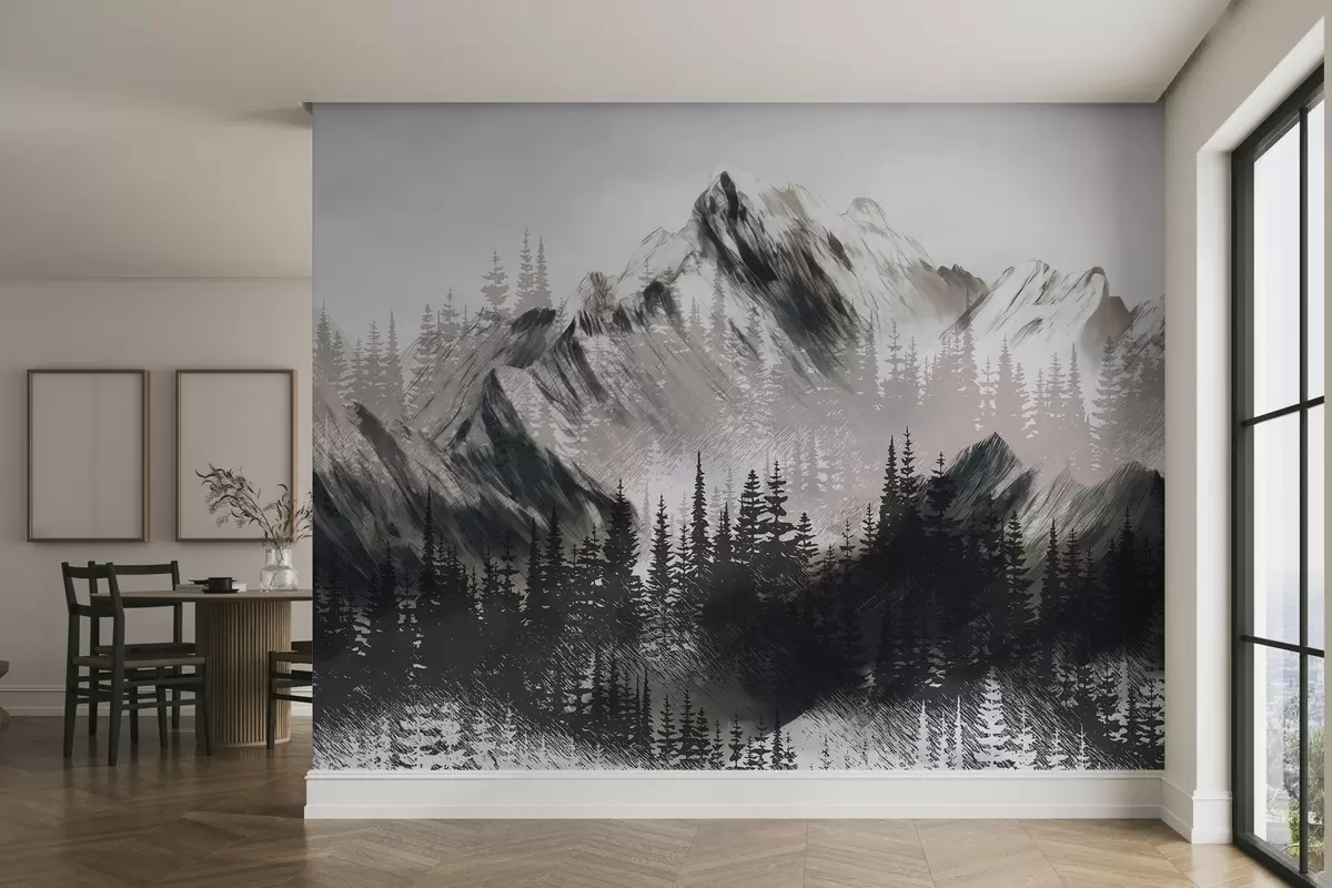 murales de pared Montañas y bosques de coníferas w04666