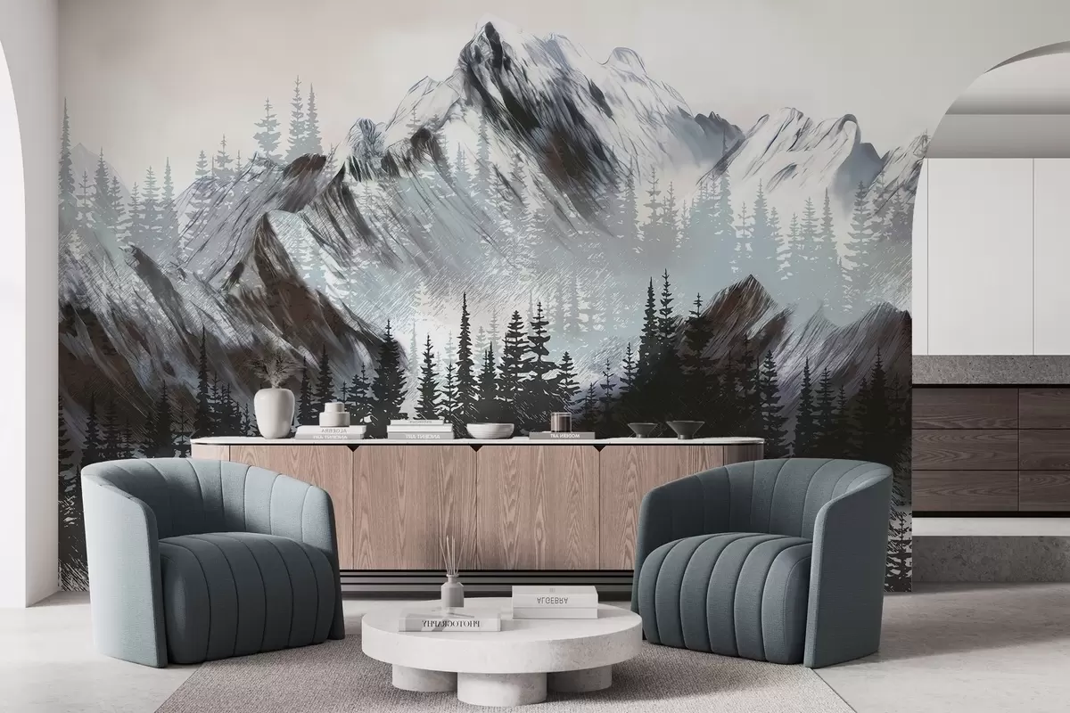 murales de pared Montañas y bosques de coníferas w04666v1