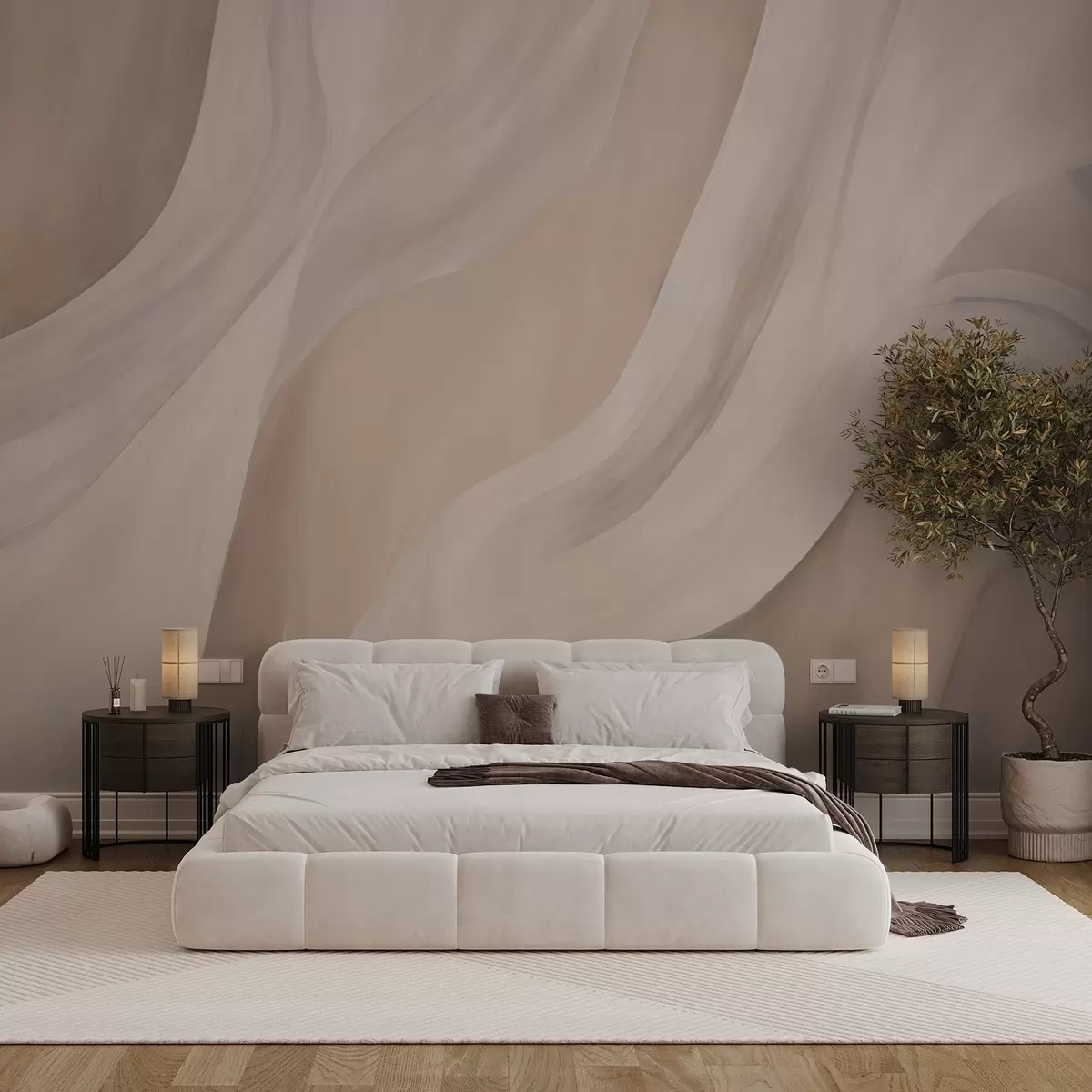 murales de pared Ondas sedosas de color beige rosado, trazos suaves y fluidos w04608