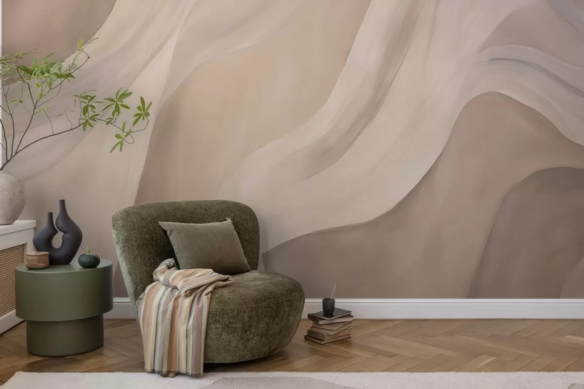 murales de pared Ondas sedosas de color beige rosado, trazos suaves y fluidos w04608