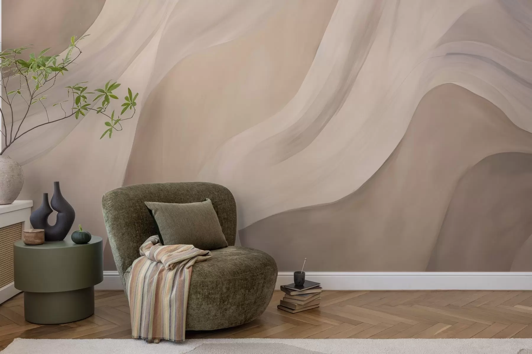 murales de pared Ondas sedosas de color beige rosado, trazos suaves y fluidos w04608